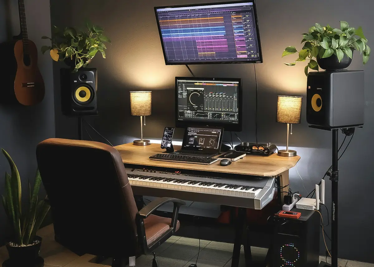Puesto de producción con dos monitores de estudio