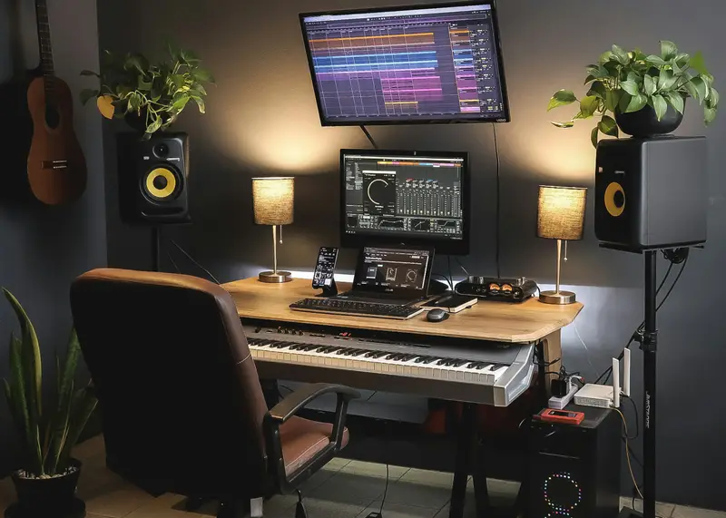 Puesto de producción con dos monitores de estudio